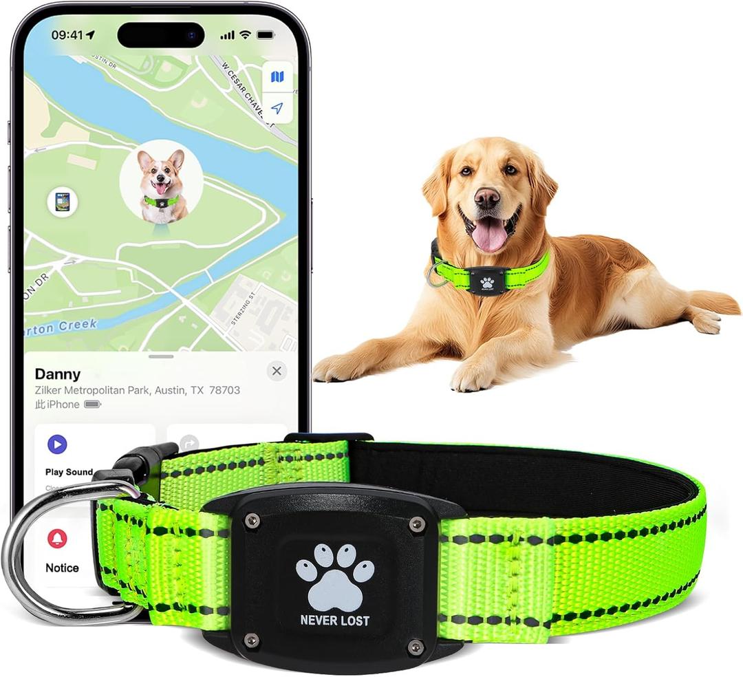 GPS Dog Collar Tracker 2-in-1,Reflective Waterproof Pet Collar,iOS-Only,No Monthly Fees,Unlimited Range,Dog Tracking Collar Pet Tracker,for Small Medium Large Dogs(L (16.6"-24"), Green)