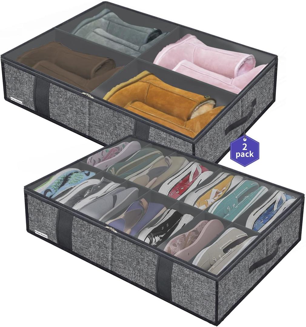 Large Under Bed Boots Shoes Storage Organizer Set of 2 (14+4 Pairs), Durable Closet Foldable Fabric Shoe Container Box with Clear Window, 33.9x 23.6x5.9inch, Light Grey, ZMGCUBS14S4