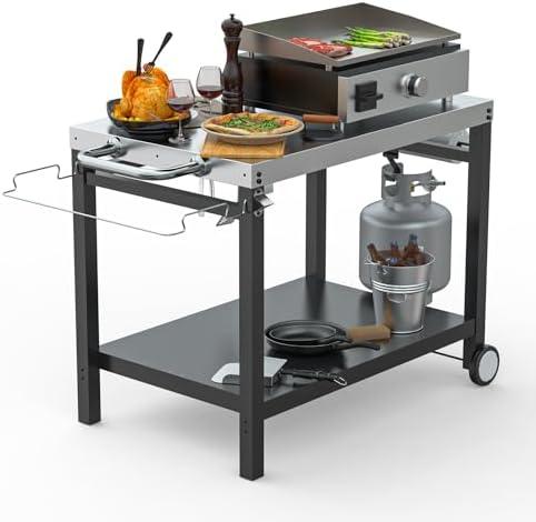 LS'BABQ Outdoor Grill Table Cart, Pizza Oven Stand, BBQ Prep Table with Trash Bag Holder Wheels & Hooks, Double-Shelf Movable Food Prep and Work Stand, Stainless Steel Flattop Grill Cart