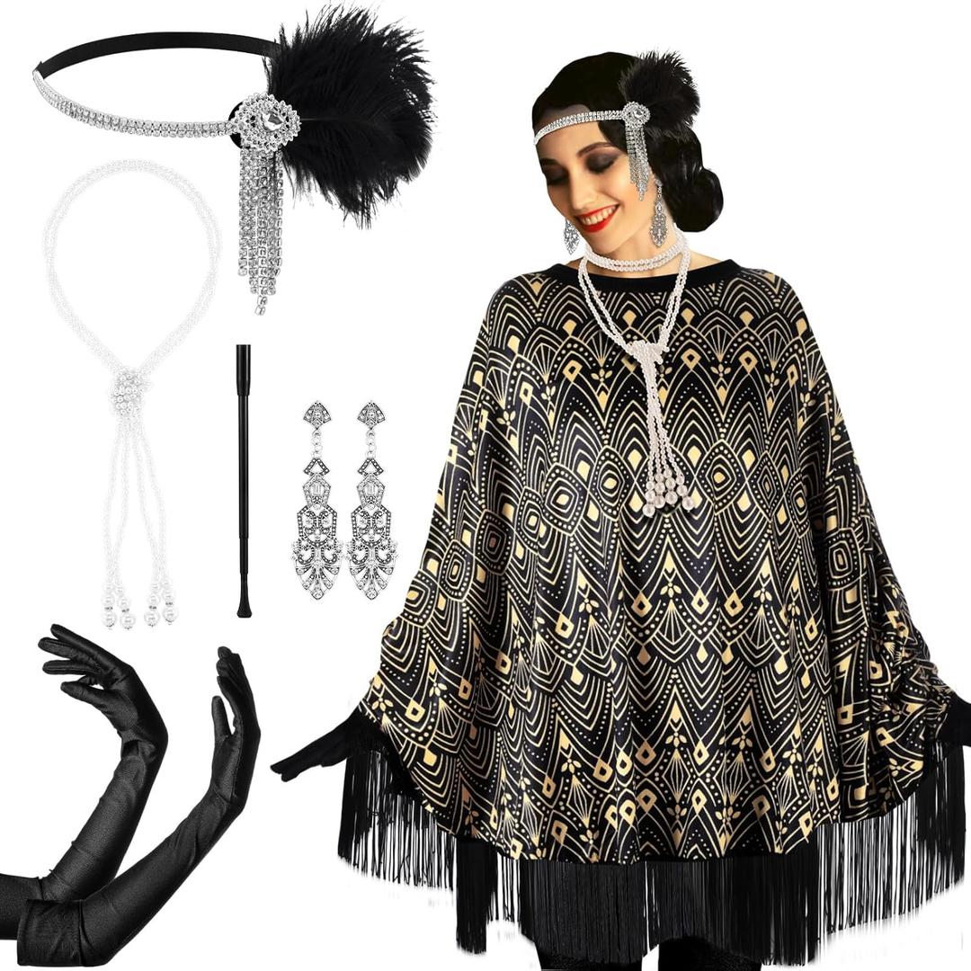 6 Pcs 1920s Flapper Costume Accessories Set for Women Fringed Poncho Flapper Shawl Outfits (Black)