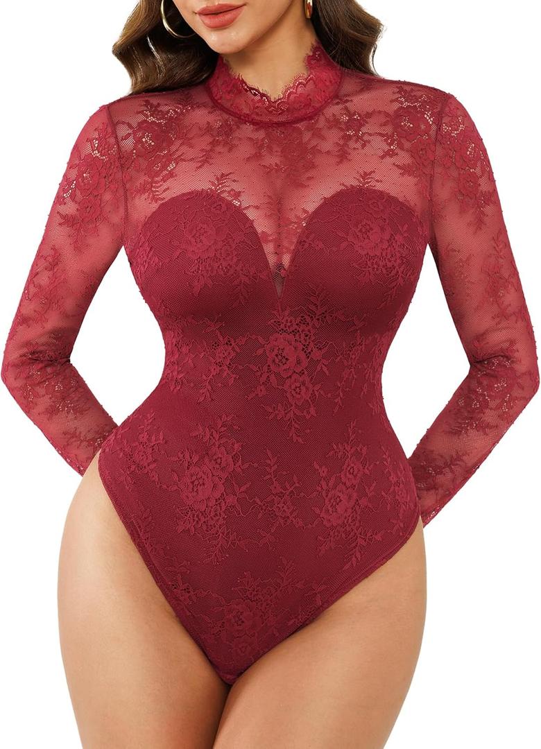 Popilush Burgundy Tops for Women Sheer Long Sleeve Top with Built in Bra Open Back Turtleneck Lace Shapewear Bodysuit Tummy Control Fall Outfits Red, Size XL