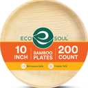 ECO SOUL 10 Inch Disposable Bamboo Plates (200 Pack, Round) | Premium, Natural, Food-Safe, Heavy Duty, Compostable, Eco-Friendly, Biodegradable, Best For Events, Parties, Weddings, BBQs