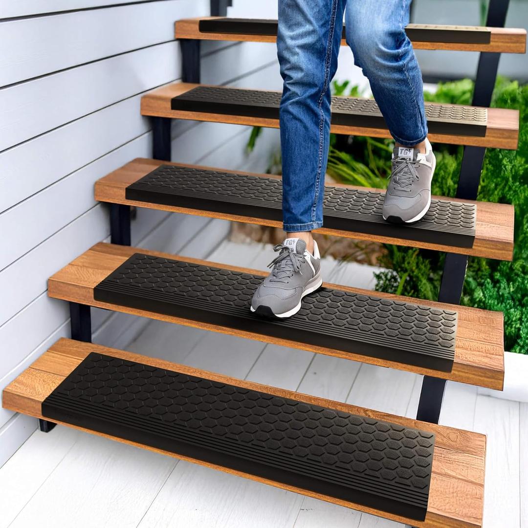 Rubber Stair Treads Outdoor 35"x10" 5-Pack - Heavy-Duty Outdoor Stair Treads Non-Slip Weather Resistant - Exterior Rubber Mats for Wooden Steps - Anti Slip Step Covers by Thunder Grip