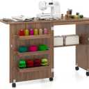 DORTALA Folding Sewing Table, Wood Sewing Craft Table with Open Storage Shelves and Lockable Casters, Space-Saving Craft Table Cart for Living Room, 46"x16"x31'', Brown