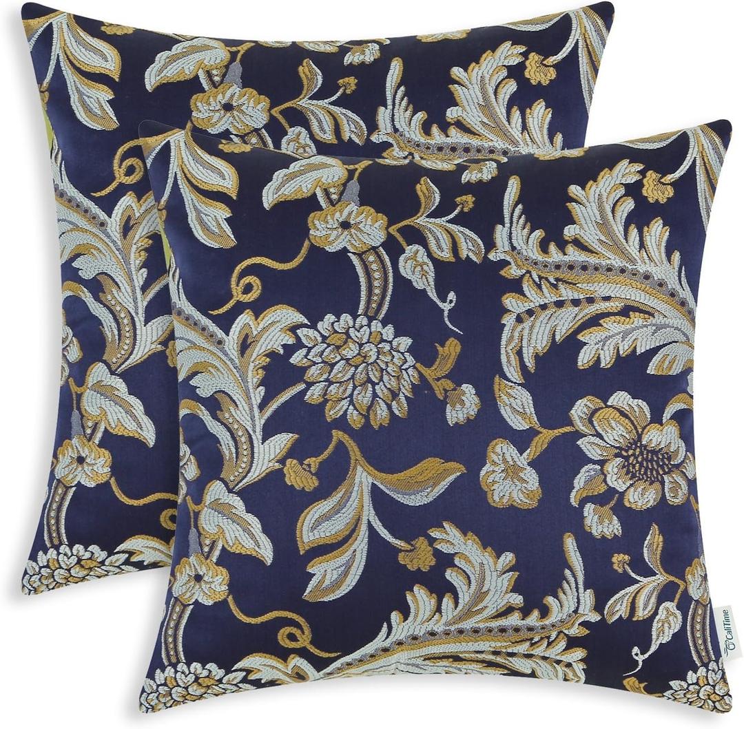 CaliTime Throw Pillow Covers Pack of 2 Vintage Floral Leaves Cushion Cases for Couch Sofa Home Decor 18 X 18 Inches Navy Blue