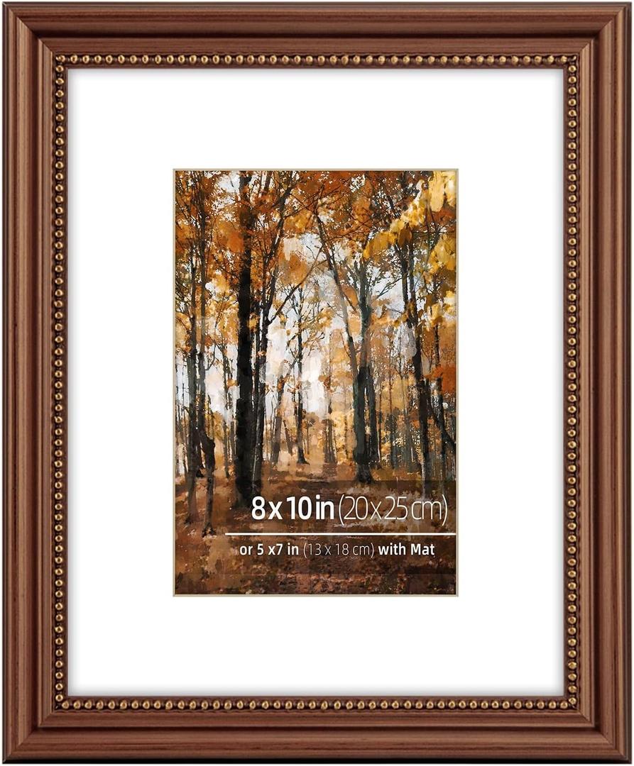 8x10 in Wood Classic Gallery Picture Frame, Ornate Beaded Inner, Matted for 5x7 Photo, Tabletop or Wall Mount Display, Brushed Brass Brown (8 x 10 in)
