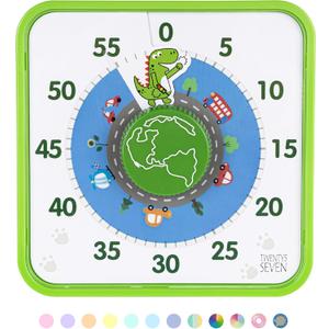 TWENTY5 SEVEN Countdown Timer 7.5 inch, 60 Minute 1 Hour Visual Timer for Classroom Teaching Tool Office Meeting, Mechanical Countdown Clock for Kids Exam Time Management Magnetic, Green Dinosaur
