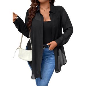 OYOANGLE Women's Plus Size Sheer See Through Button Down Long Sleeve Collared Neck Shirt Blouse Top (X-Large Plus, Black)