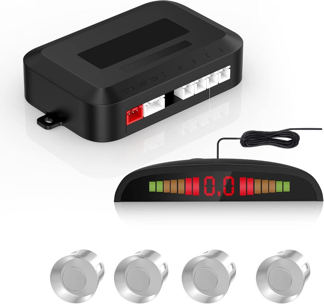 EKYLIN Car Auto Vehicle Reverse Backup Radar System with 4 Parking Sensors Distance Detection + LED Distance Display + Sound Warning (Silver Color)