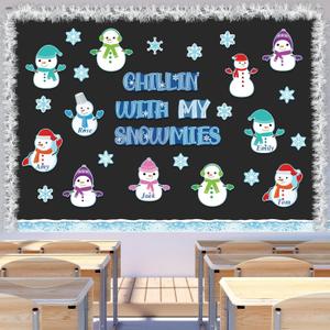 Frienda 70 Pcs Winter Snowman Bulletin Board Decoration Set Snowman Cutouts Snowflake Bulletin Board Borders ClassroomDecor for Xmas Holiday School Wall Door Decoration