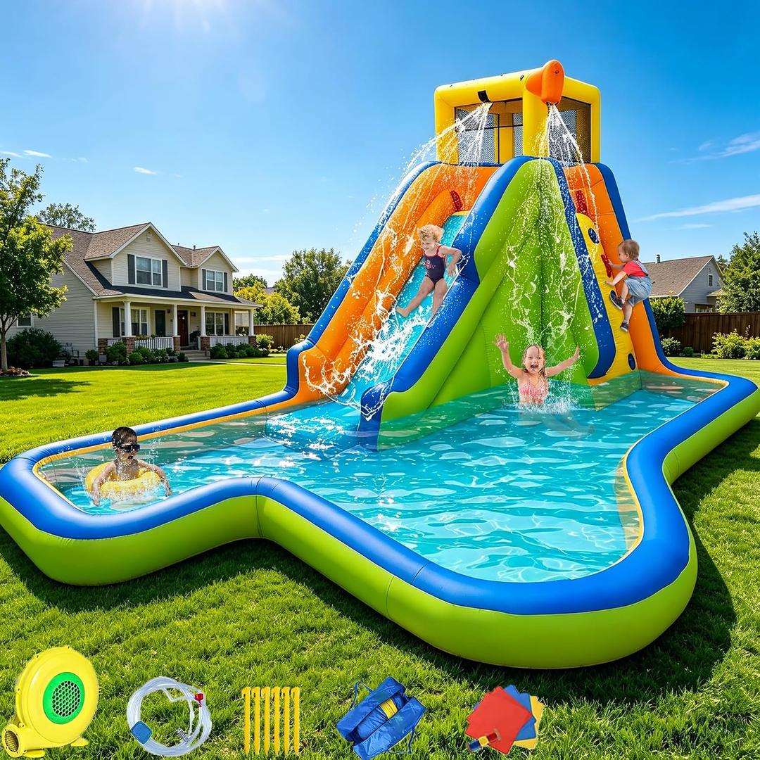BESTPARTY 6 in 1 Inflatable Water Slide Bounce House, 15.3x9.5x7.9FT 300LBS Weight Limit, Wet Dry Outdoor Water Park with Climbing Wall, Splash Pool, Sprinkler, Includes 370W Blower & Storage Bag, 184 inches x 114 inches x 95 inches