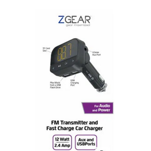 ZGear FM Transmitter and Fast Charging Car Charger 12 watt 2.4 amp Aux & USBport And Charge Cable