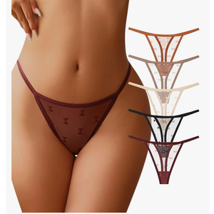 J-pone G-String Thongs for Women T-back Lace Hollow Out Low Waist Thongs Breathable Cheeky Sexy Underwear Panties 5 Pack, S
