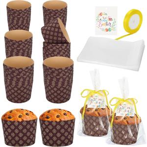48 Set 15oz Panettone Paper Molds Disposable Non-Stick Baking Cups for Easter, Includes Ribbon, Bags, and Greeting Cards, Oven & Microwave Safe Ideal for Homemade Bread,Cake,Gift Giving, 5.1"W x 4.3"H