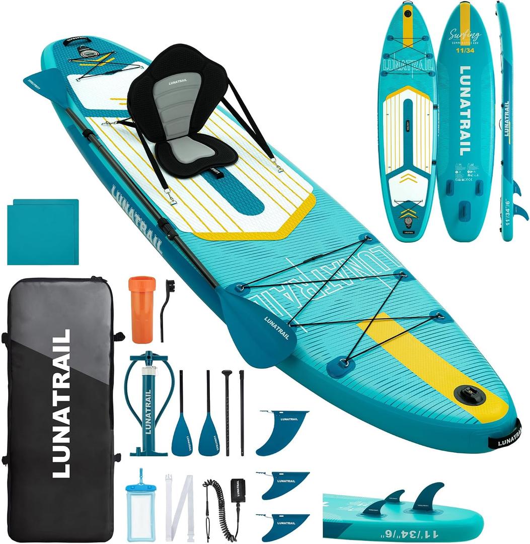 11'34" Extra Long/Extra Wide Premium Inflatable Stand Up Paddle Board (SUP) Portable & Lightweight for Yoga, Surfing, Family Fun | Complete Kit with Paddle, Pump, Bag | Durable Design