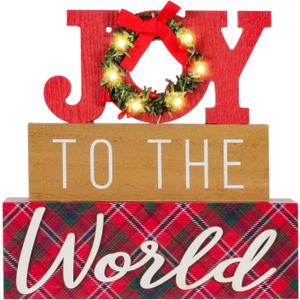 Christmas Decorations Indoor LED Lighted JOY Sign Wooden Merry Christmas Signs Farmhouse Wreath Block Rustic Holiday Decor Tabletop for Home, Tiered Tray, Shelf, Mantel