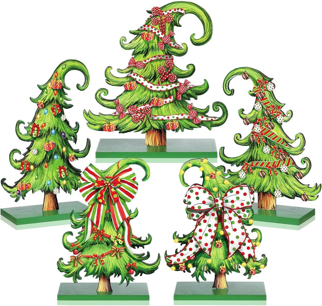 Pinkunn 5 Pcs Whimsical Christmas Table Decorations Wooden Lime Green Christmas Tree Table Centerpieces Lime Green Xmas Tree Wood Sign for Home Tabletop Ornament Holiday Xma Party Tiered Tray Decor