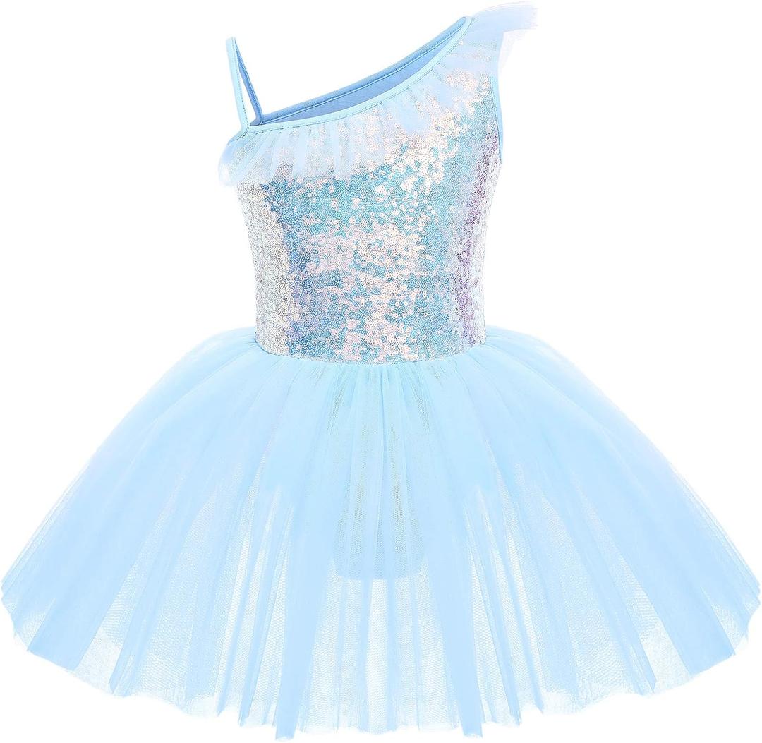 IDOPIP Girls Sequins Ruffle One Shoulder Ballet Dance Dress Tutu Skirted Leotard Ballerina Dancewear Costume for Toddler Kids (5-6 Years, Blue)