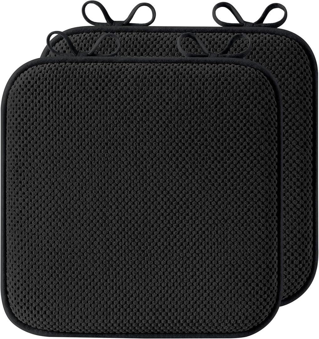 puredown Chair Cushions for Dining Chairs, Set of 2 Memory Foam Seat Cushions with Non-Slip Backing & Ties, 16" x 16" x 1.5", Comfortable & Supportive Dining Chair Pads for Kitchen, Black