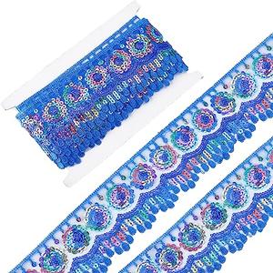 GORGECRAFT 5 Yards Blue Ethnic Embroidery Lace Trim 2-3/8" Shiny Floral Sequin Sparkle Lace Ribbon Sun Paillette Polyester Woven Ribbons with Thread Bobbins White Cards for Applique Sewing DIY Craft