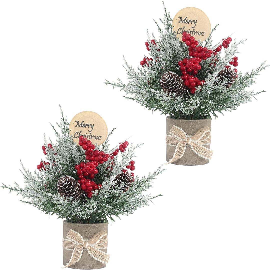2PCS Small Christmas Tree, Tabletop Mini Xmas Tree,9" Artificial Little Potted for Christmas Decor, Suitable for Weddings, Holidays, Christmas and Other Festivals.(Red/Green) (White-01)