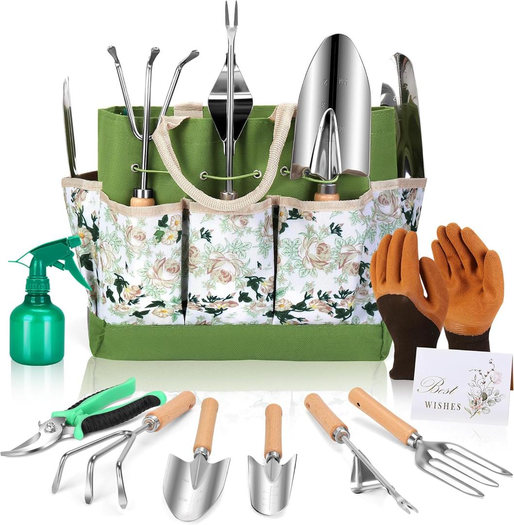 Gardening Tool Set for Women 2025, 10-Piece Heavy Duty Garden Supplies Kit with Greeting Card & Weed Removal Tools | Birthday Gifts for Mom, Plant Lovers (Gardening Hand Tools + Gloves)
