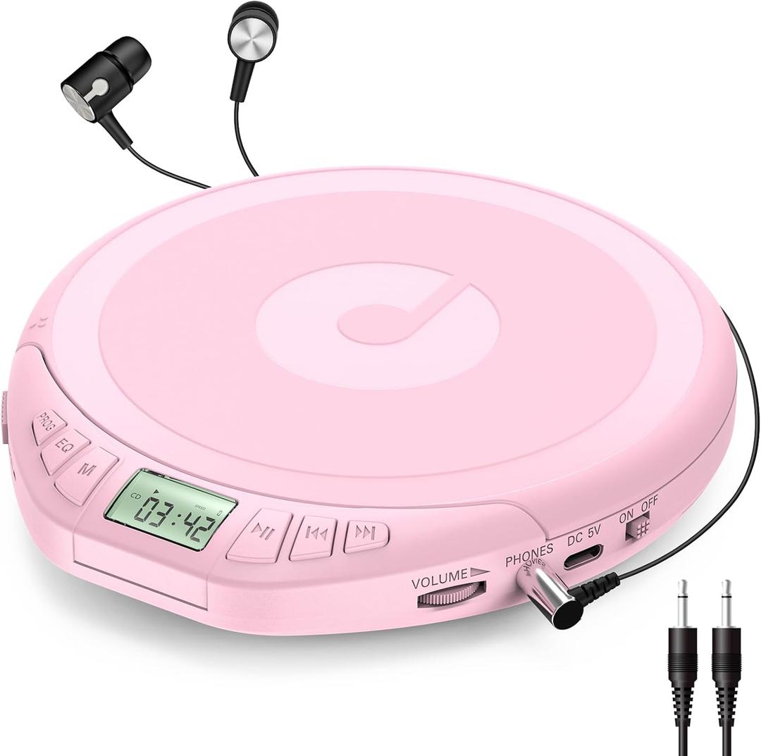 Gueray Portable CD Player with Earphones,CD Discman for Car Home with Anti-Skip Shockproof Protection,Personal CD Music Player with LCD Display Support PROG Memory Function (Pink)