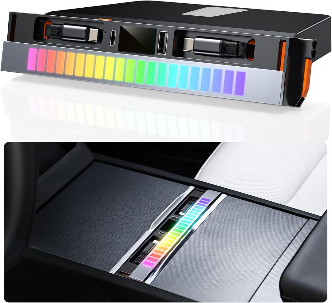 USB Hub for Tesla Model Y Juniper 2025 2026 Model 3 Highland 2024 2025, 116W Dual Type-C RGB Ambient Light Docking Station with Sliding Cover Multi Ports Retractable Cable fit Center Console