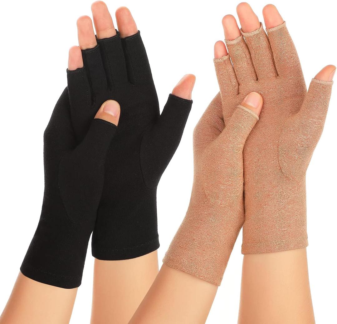 2 Pairs Arthritis Compression Gloves for Women Men, Carpal Tunnel Pain Relief, Fingerless for Typing Both Hands (Medium, Black1+brown1)