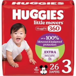 Huggies Size 3 Baby Diapers, Little Movers HuggFit 360 Baby Diapers with 360 Waistband, Size 3 (16-28 lbs), 26 Count
