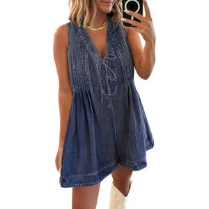 Caracilia Women Oversized Denim Romper Summer Casual V Neck Tie Front Sleeveless Jean Jumpsuits Short Overalls with Pockets (Medium, Washed Deep Blue)