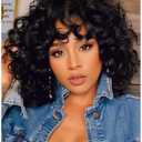 Traqur Short Curly Wigs with Bangs for Black Women, Loose Wavy Afro Kinky Curly Wig, Soft Heat Resistant Synthetic Hair Natural Looking Wig for Daily Party Cosplay (Black)