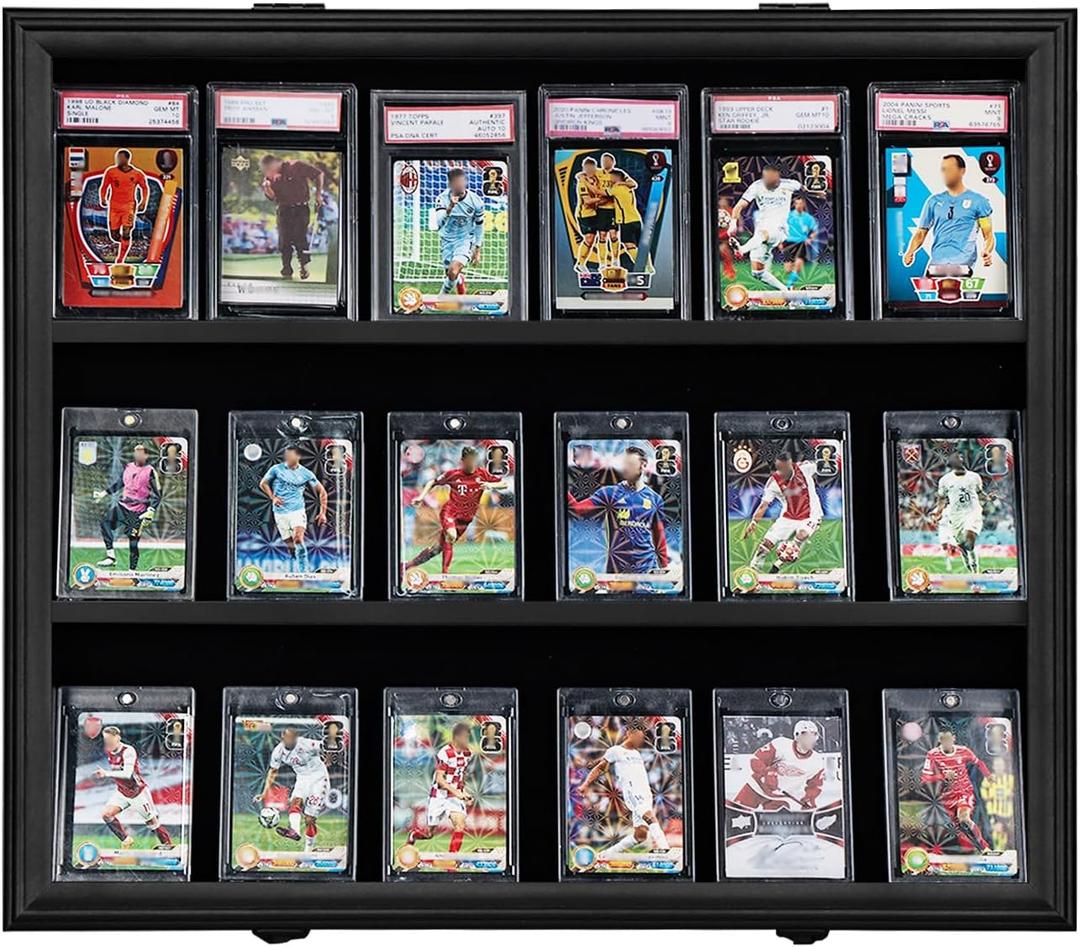 Baseball Card Display Case - 18 Graded Card Display Case - Wall-Mount Lockable Sport Card Box with UV Protection Acrylic for Display Basketball Football Hockey Card - Black