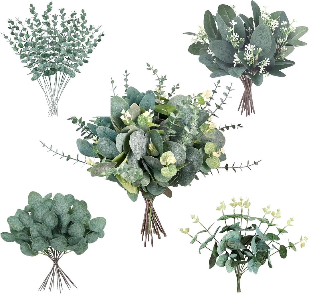40 Pcs 4 Kinds Artificial Eucalyptus Leaves Stems Bulk, Fake Eucalyptus Greenery Picks, Mixed Faux Green Stems Leaves Decoration for Wedding Vase Bouquet Floral Arrangement