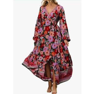 R.Vivimos Women's Boho Floral Print Maxi Dress V Neck Long Sleeve Elastic Waist Casual Flowy Slit Long Sundress