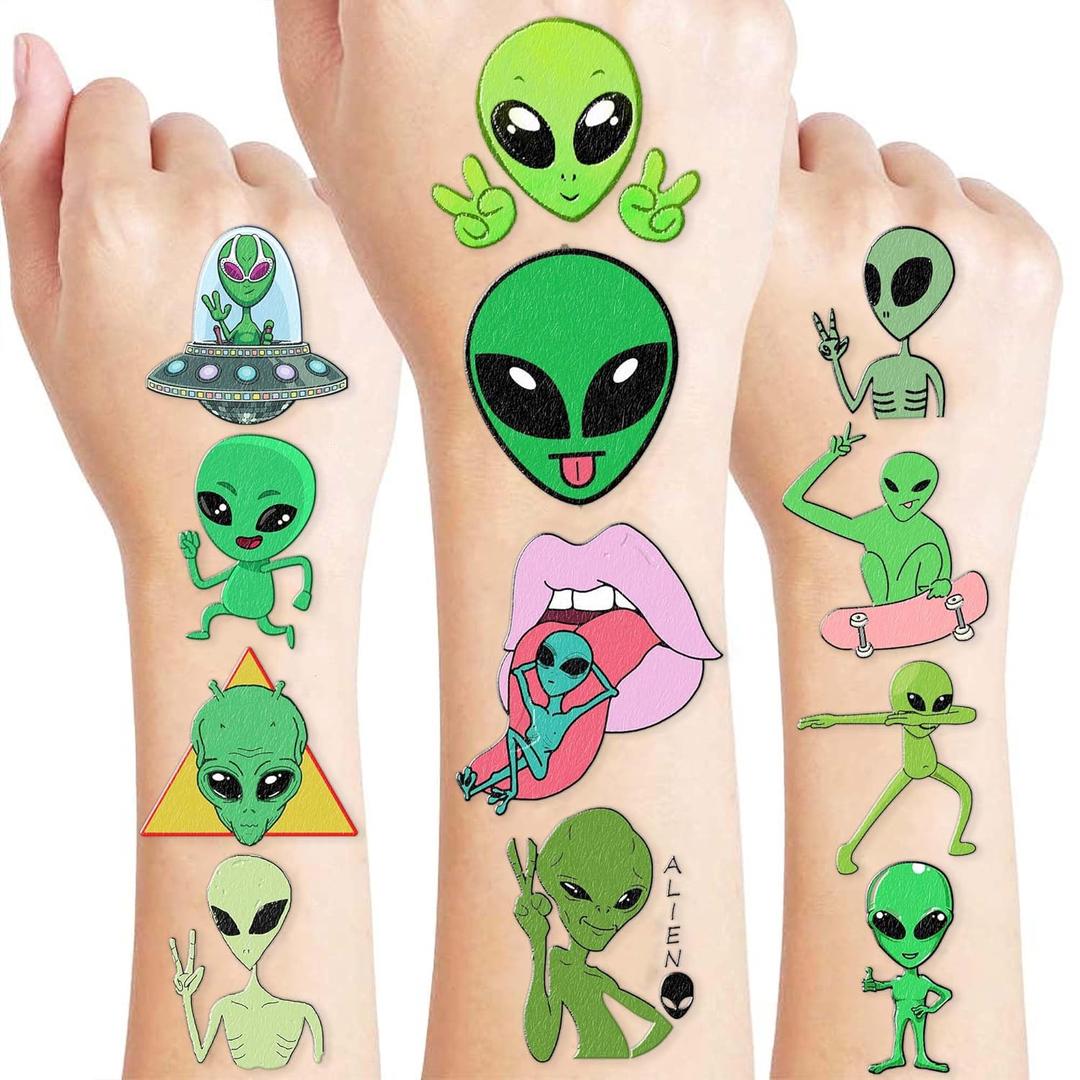 96PCS Alien Pre-Cut Temporary Tattoos for Kids  Space Theme Birthday Party Favors Supplies, UFO Outer Space Decorations, Galaxy Stickers for Boys Girls Toddlers Halloween Christmas (Normal)