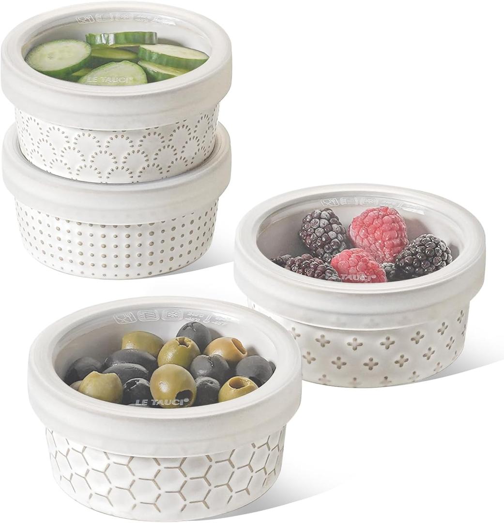 LE TAUCI Ramekins with Lids, 6 oz Ramikin Set for Creme brulee, Souffle, Dipping Sauces, Ceramic Food Storage Containers Great for leftovers - 4.2 inch, Set of 4, Arctic White