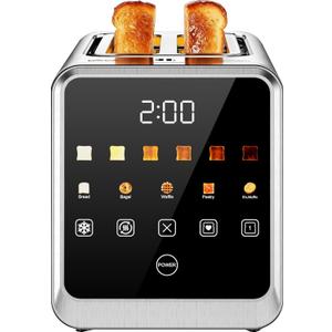 Smart Toaster 2 Slice with Touchscreen, 900W Stainless Steel Wide Slot 1.5 Inch, BreadID Tech Live Countdown Timer, Memory Function, Defrost Reheat for Bagel Waffle Bread, Kitchen Essentials