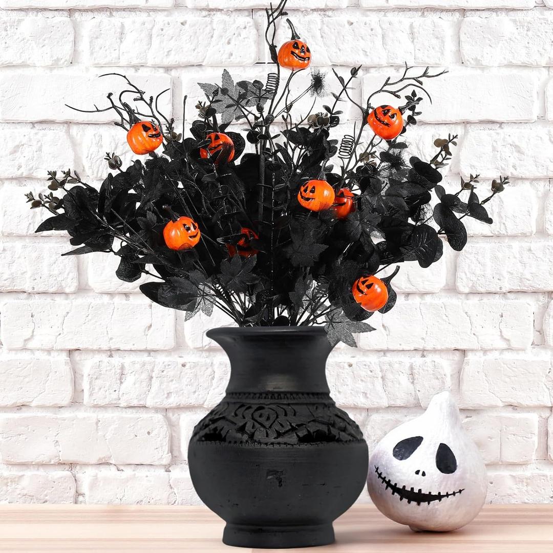 12 Pcs Halloween Decorations Artificial Flowers with Pumpkins, Maple Leaf Floral Stems Black Eucalyptus Halloween Centerpiece for Tables Vase Fillers Gothic Party Ornaments and Picks