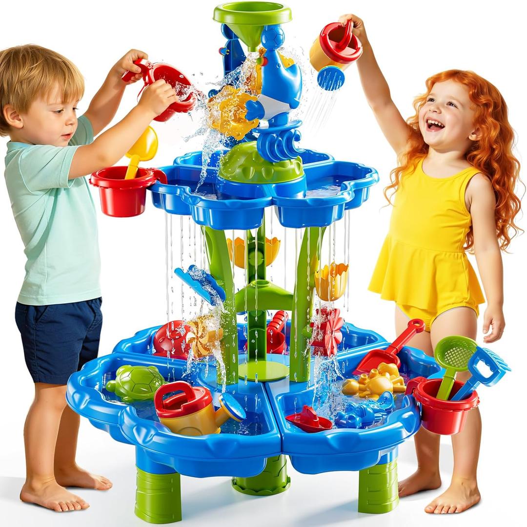 2-Tier Sand and Water Table Toys for Kids Aged 3 4 5 6 7 8, Water Waterfall Sensory Play Table with Beach Toys Accessories, Outdoor Activity Playset for Toddlers 2-4 3-5 4-6, Birthday Gifts