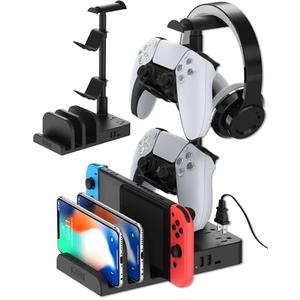 KAFRI Headphone and Controller Stand with USB A&C Charger, Desk Gaming Accessories Headset Holder with USB Charging Port and 2 AC Outlets, Switch/Phone Storage Organizer, Gamer Gift for Men Boyfriend