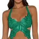JUMISEE Women Sparkly Rhinestone Butterfly Crop Top Sexy Satin V Neck Bakless Lace Up Cami Tank Top for Rave Festival (S)