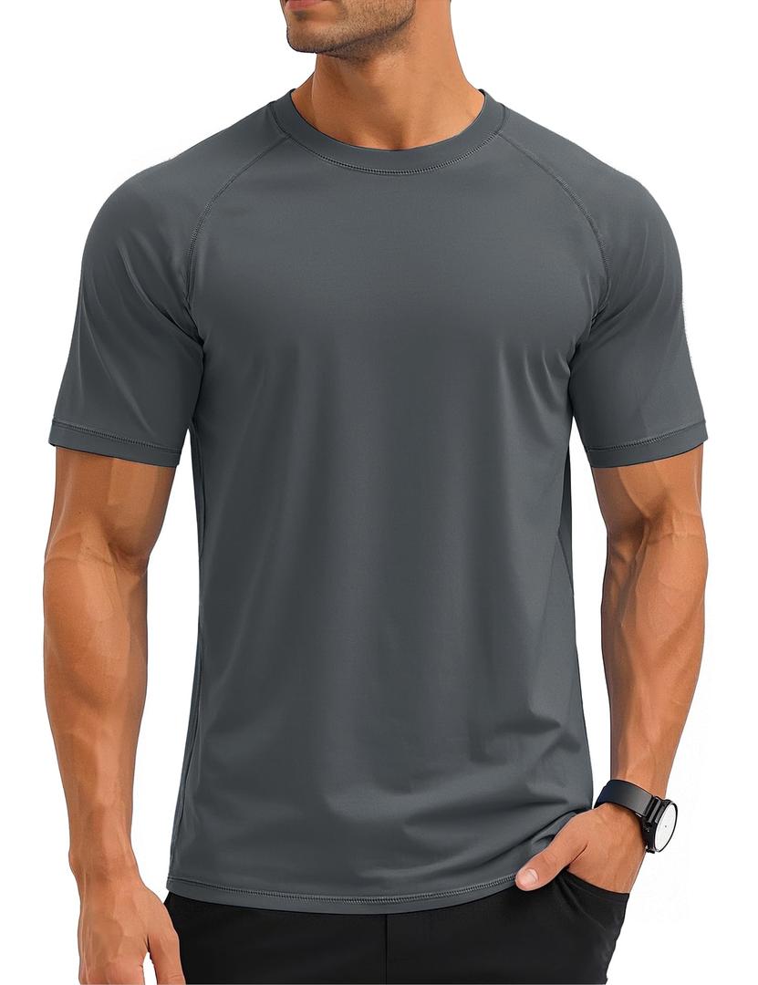 MAGCOMSEN Men's Rash Guard Swim Shirts UPF UV Short Sleeve Surf Water Shirt (Black, M)