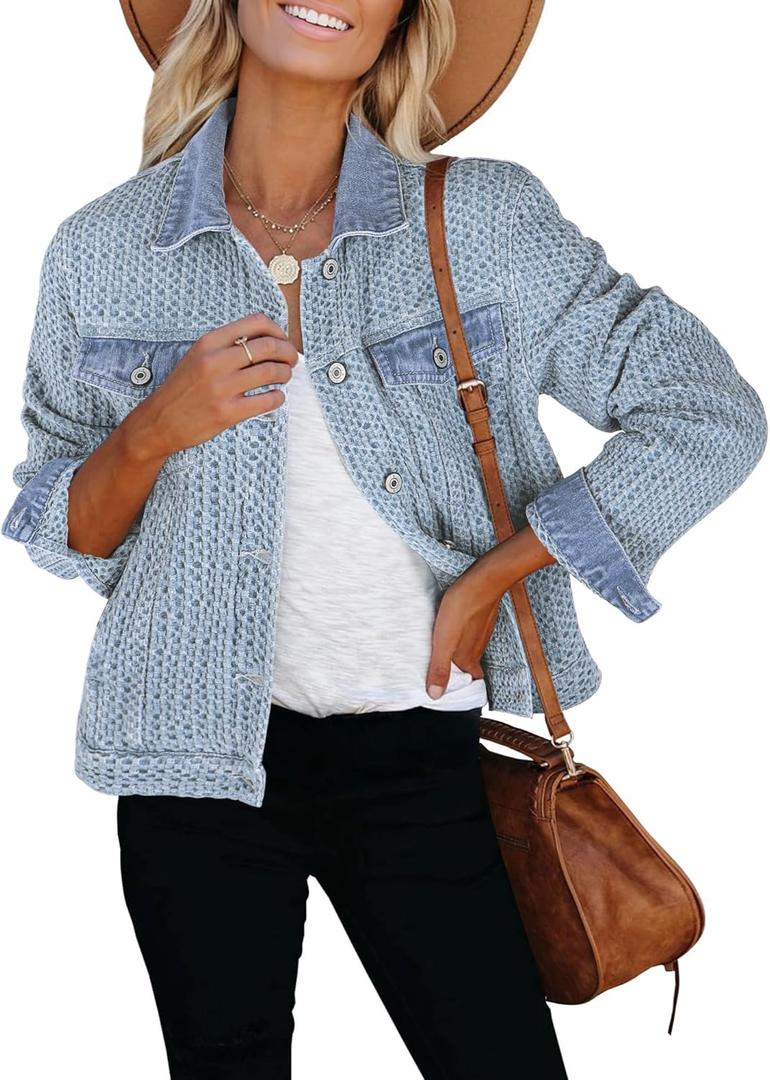 luvamia Jean Jacket Women Trendy Texture Distressed Button Down Long Sleeves Casual Trucker Denim Jackets with Pockets (Blue), S