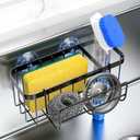 3-in-1 Kitchen Sink Caddy Organizer with Sponge Holder, Brush Holder, Extra Rack for Scrubber, Sink Stopper, Dish Cloth Hanger - Strong Dual Suction Cup, 2.0mm SUS304 Stainless Steel - Black
