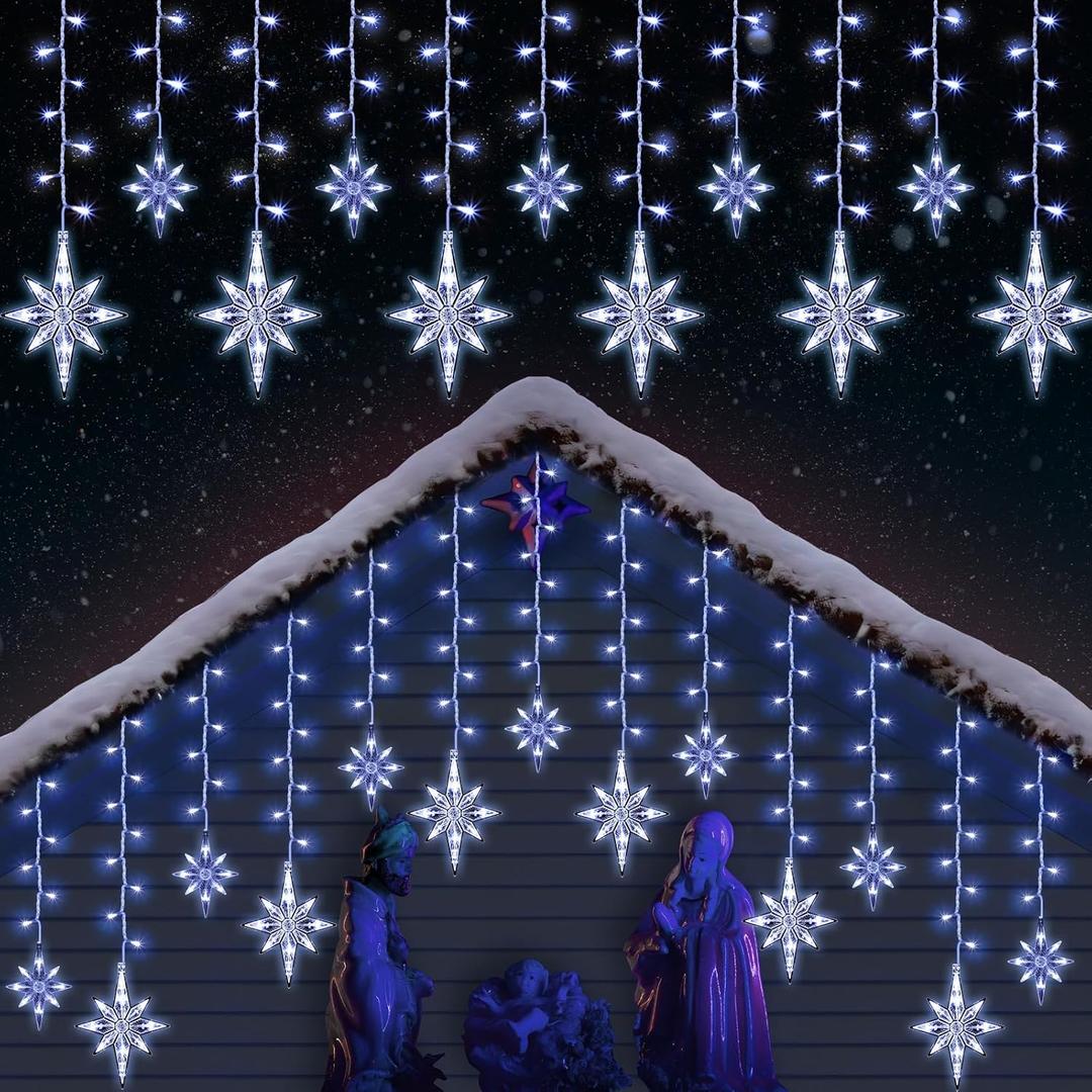 Enhon 14 Drops Christmas Bethlehem Star String Light Outdoor, 11.5FT 210 LED Large Hanging Bethlehem Star Lights with 8 Lighting Modes for Christmas Outdoor Light(Cold White)
