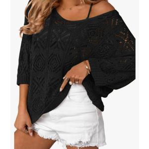 Zeagoo Women's Summer Crochet Off The Shoulder Hollow Out Knit Tops 2025 V Neck 3/4 Sleeve Sweater Top Size Large