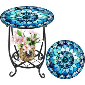 Outdoor Side Table Round Small Mosaic Patio Accent Indoor End Plant Metal Coffee Tea Table for Yard Porch Garden Patio Living Room, Bedroom(Mandala Flower Style,14 Inch)