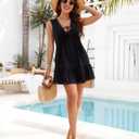 Blooming Jelly Womens Bathing Suit Cover Up Pleated Lace Up Swim Beach Dress Flower Trim Swimsuit Coverup with Pockets (Black, M)