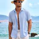 COOFANDY Men's Linen Shirts Short Sleeve Casual Shirts Button Down Shirt for Men Beach Summer Wedding Shirt (Blue, XL)